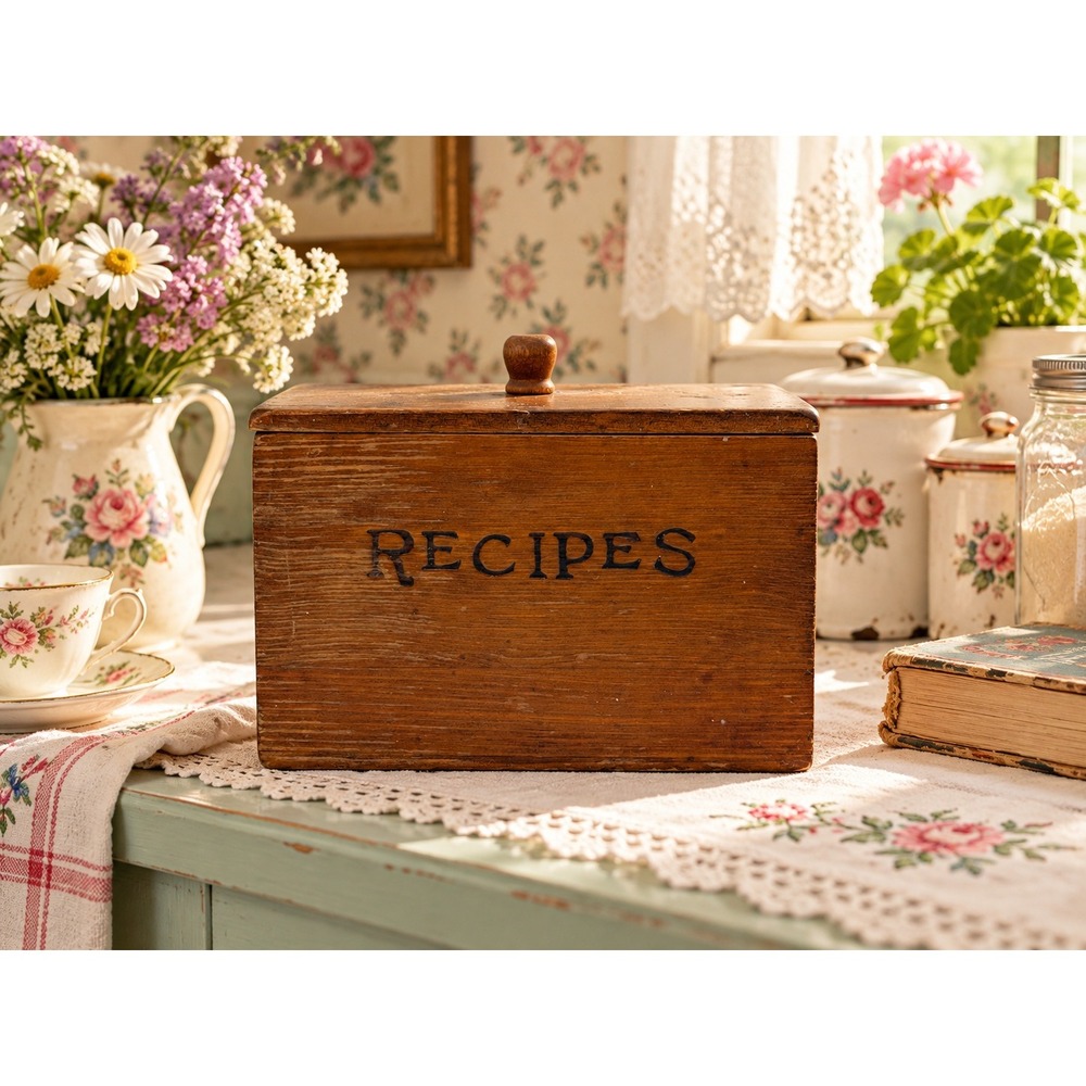Vintage 1960s Wooden Recipe Box Rustic Farmhouse Kitchen Organizer Brown 6x4.5x4